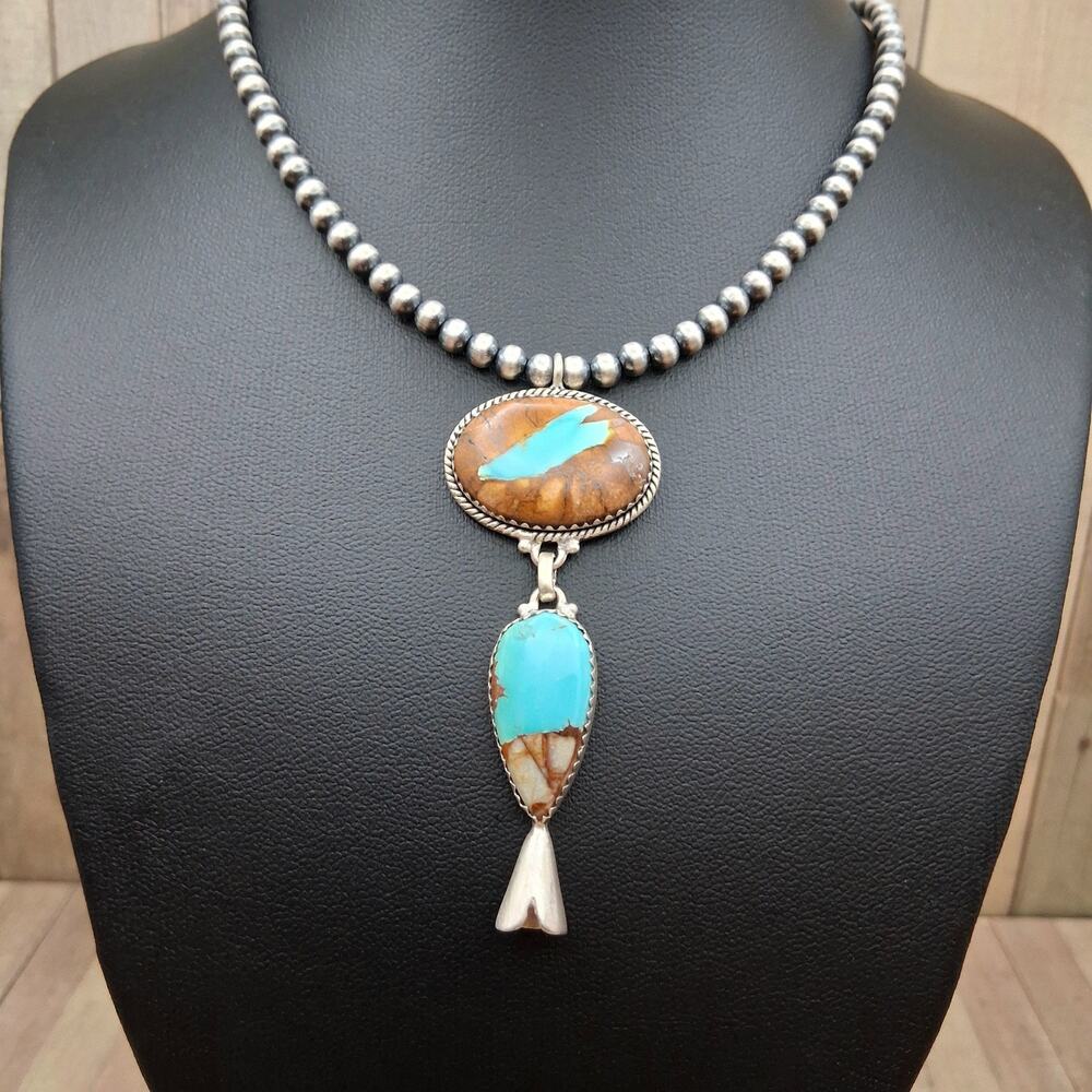 Boulder Turquoise Navajo Pearl Necklace 4mm Sterling Silver Southwestern